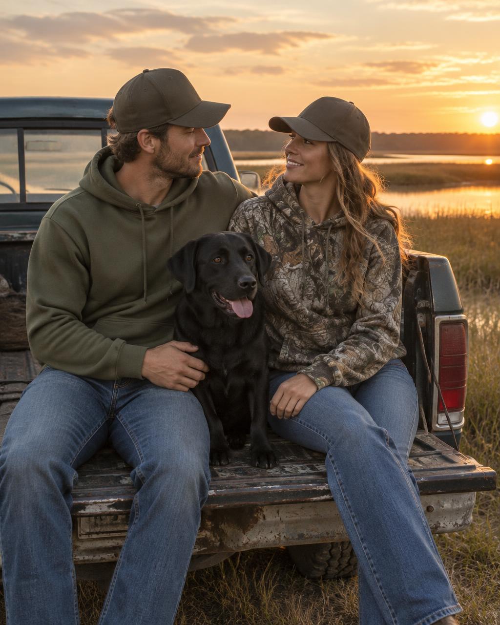 Couple with their lab on a truck tailgate at sunset